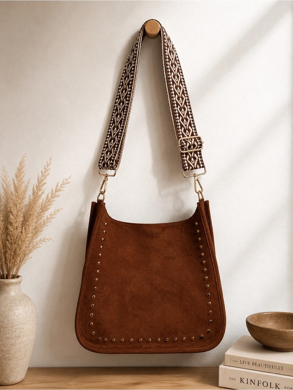 Brown Suede Studded Crossbody Bag with Patterned Strap